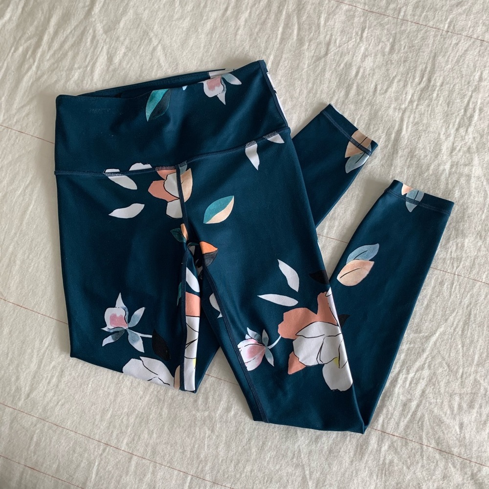 Athleta Teal Floral Leggings with Pink & White Accents